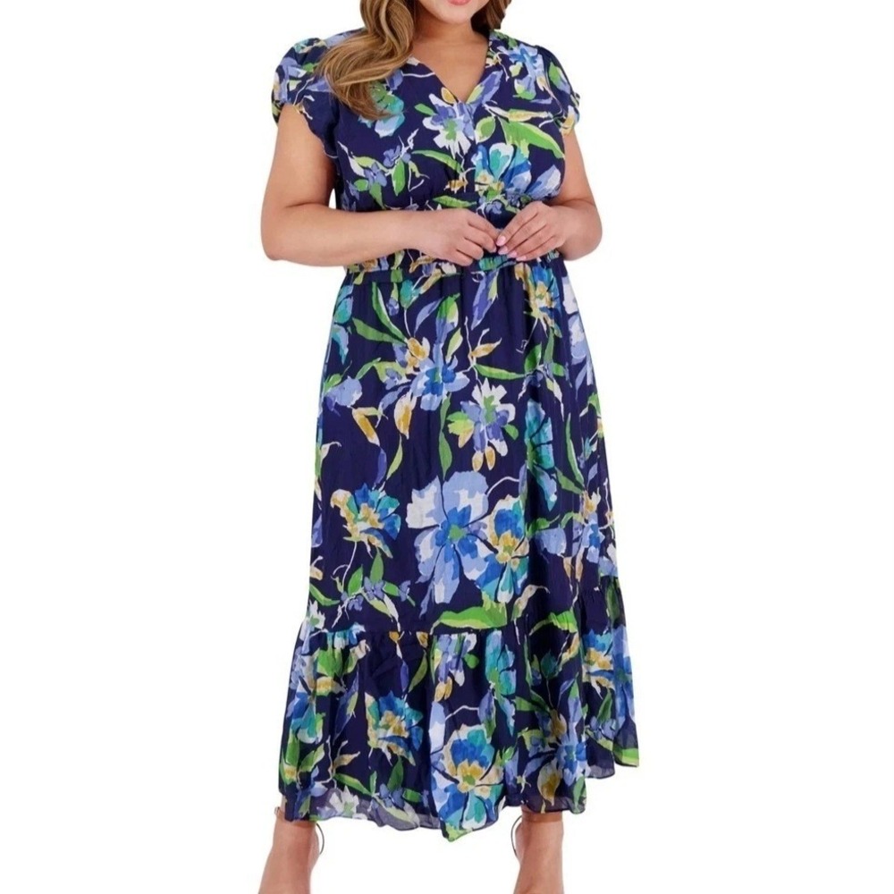 London Times V Neck Elastic Waist Maxi Navy Floral Dress Womens Size 3X NWT